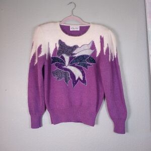 Vintage 80s Christine Knit Purple White Angora Sequined Mixed Media Sweater M